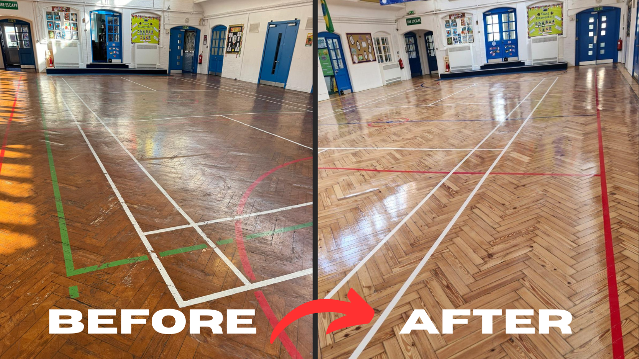Side-by-side comparison of a school hall parquet floor before and after professional school hall sanding, showing dull, scuffed boards on the left and a bright, freshly sealed herringbone surface on the right.