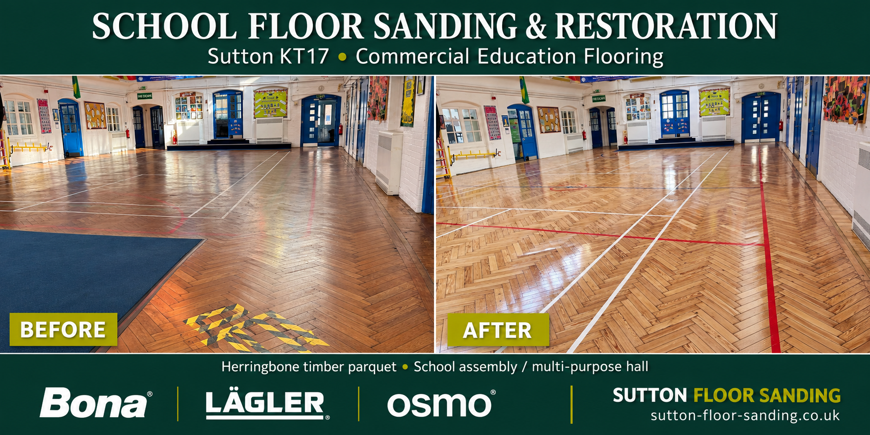 Before and after comparison of herringbone timber parquet flooring in a school assembly hall in Sutton KT17, showing floor sanding and restoration by Sutton Floor Sanding.