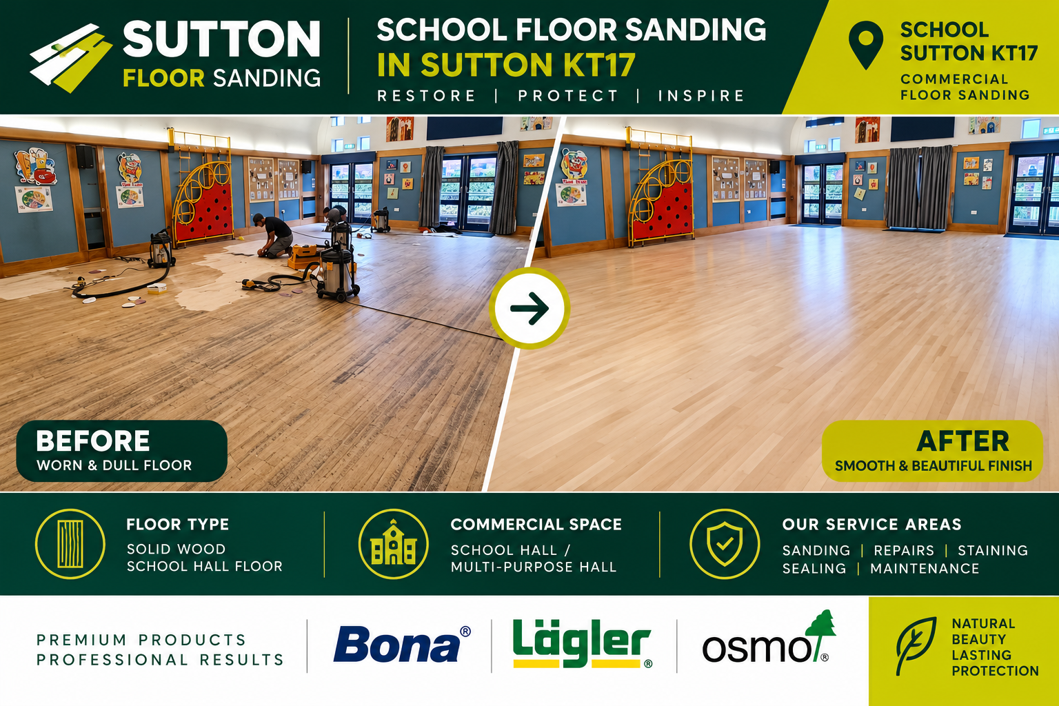 Before and after school hall floor sanding in Sutton KT17, showing a worn wooden floor during restoration and the smooth, refreshed timber floor after professional sanding.